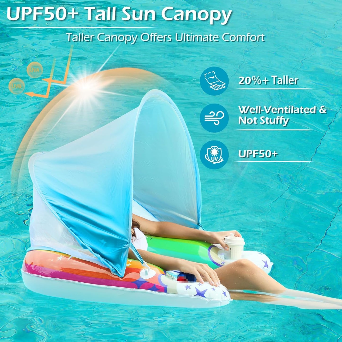 Jasonwell X-Large Rainbow Pool Float with Canopy, Inflatable Adult Pool Chair Lounge with Cup Holders, Floating Water Chair for Swimming & Parties