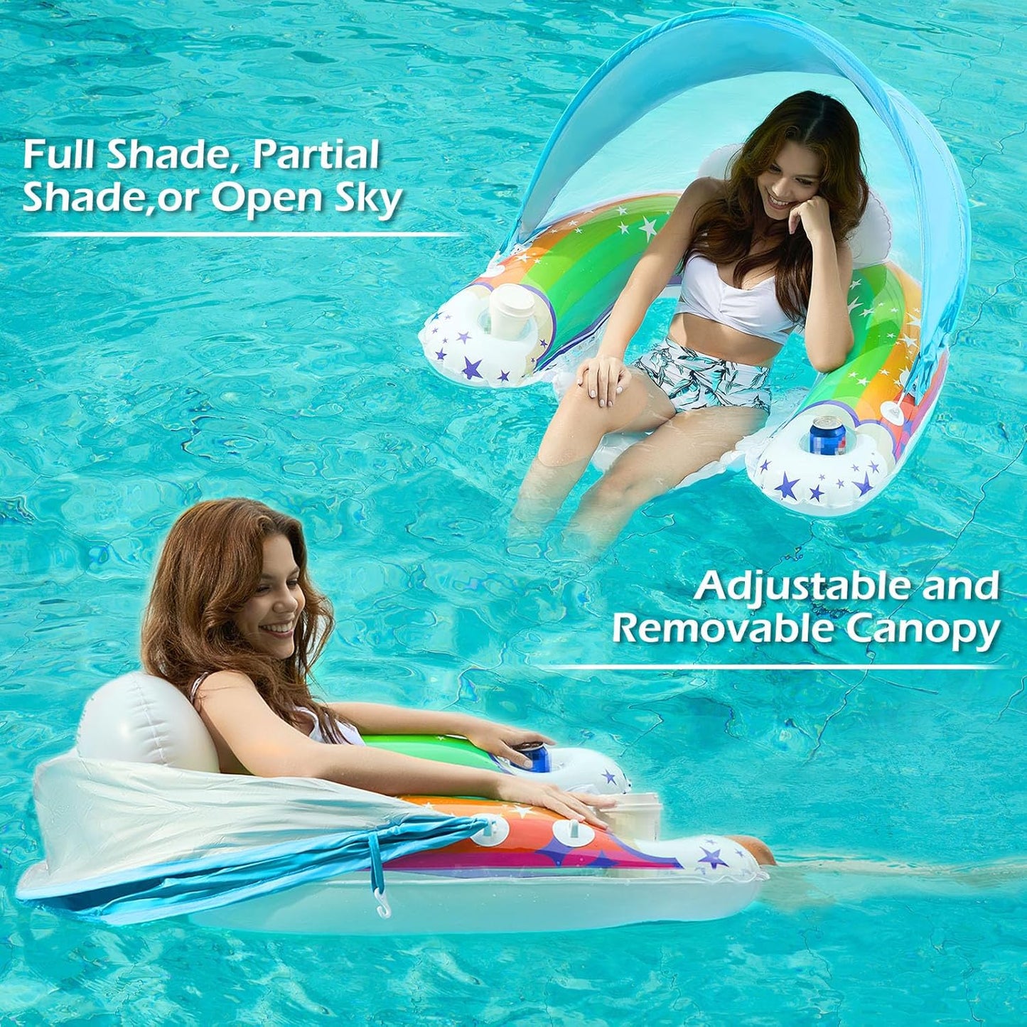 Jasonwell X-Large Rainbow Pool Float with Canopy, Inflatable Adult Pool Chair Lounge with Cup Holders, Floating Water Chair for Swimming & Parties