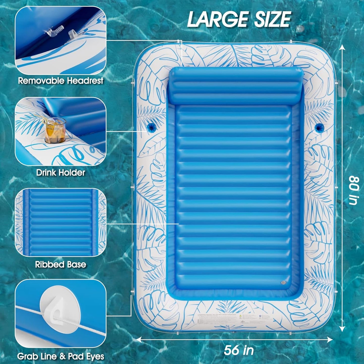 Jasonwell 4‑in‑1 Inflatable Tanning Lounger — Sun Tan Tub & Pool Raft, Water‑Filled Mat/Pad for Adults & Kids (XL) - Blue