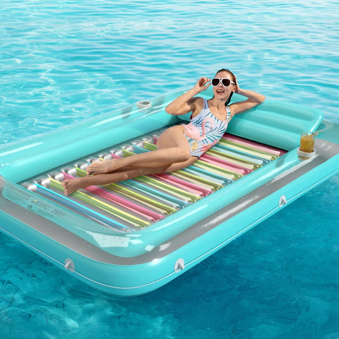 Jasonwell 4‑in‑1 Inflatable Tanning Lounger — Sun Tan Tub & Pool Raft, Water‑Filled Mat/Pad for Adults & Kids (XL) - Green w reflective base
