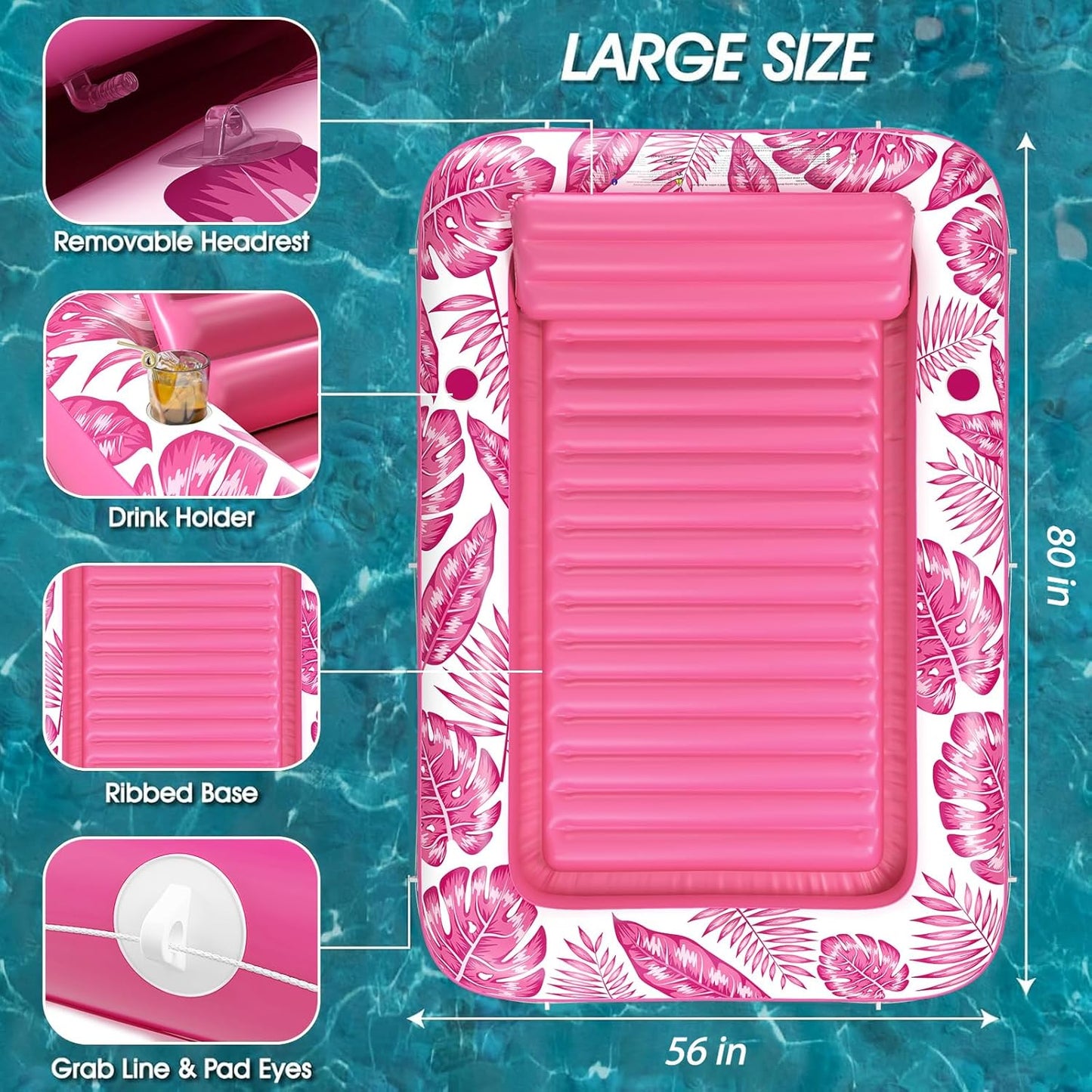 Jasonwell 4‑in‑1 Inflatable Tanning Lounger — Sun Tan Tub & Pool Raft, Water‑Filled Mat/Pad for Adults & Kids (XL) - Rose Pink