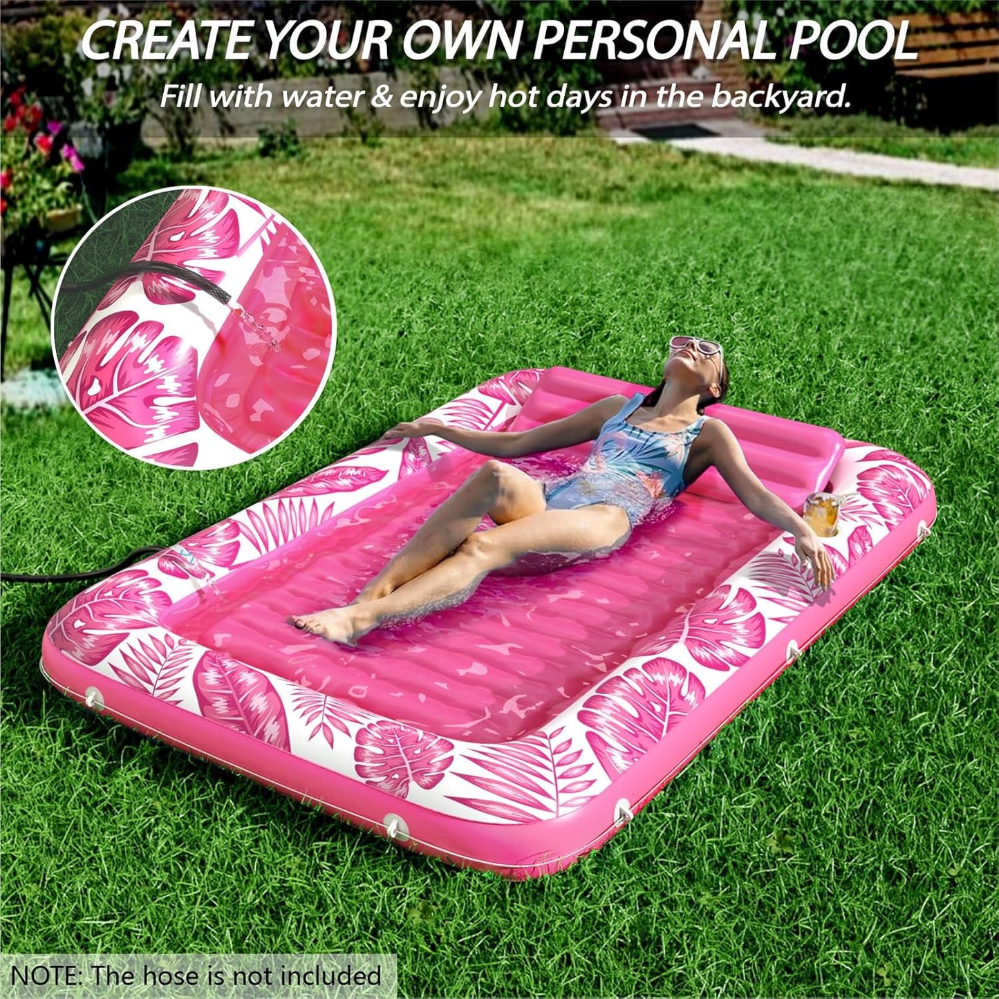 Jasonwell 4‑in‑1 Inflatable Tanning Lounger — Sun Tan Tub & Pool Raft, Water‑Filled Mat/Pad for Adults & Kids (XL) - Rose Pink